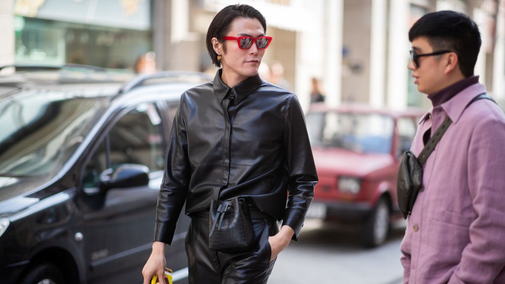 BUDAPEST HUNGARY  MARCH 30 Yu Masui wearing black jacket and pants and Declan Chan is seen outside Nanushka brunch...